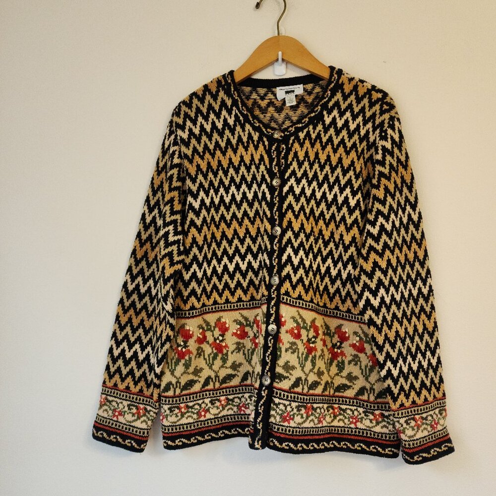 Vtg Mfa Boston Sweater Sz L Brown Black Btn Down Chevron Floral Silk Blend Retro